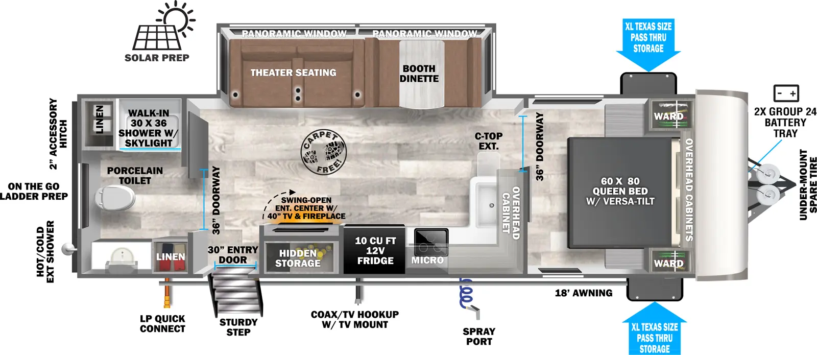 The Hemisphere Travel Trailers 25RBHL floorplan has one entry and one slide out. Exterior features include: fiberglass exterior, 18' awning and outside kitchen. Interiors features include: front bedroom and rear bathroom.